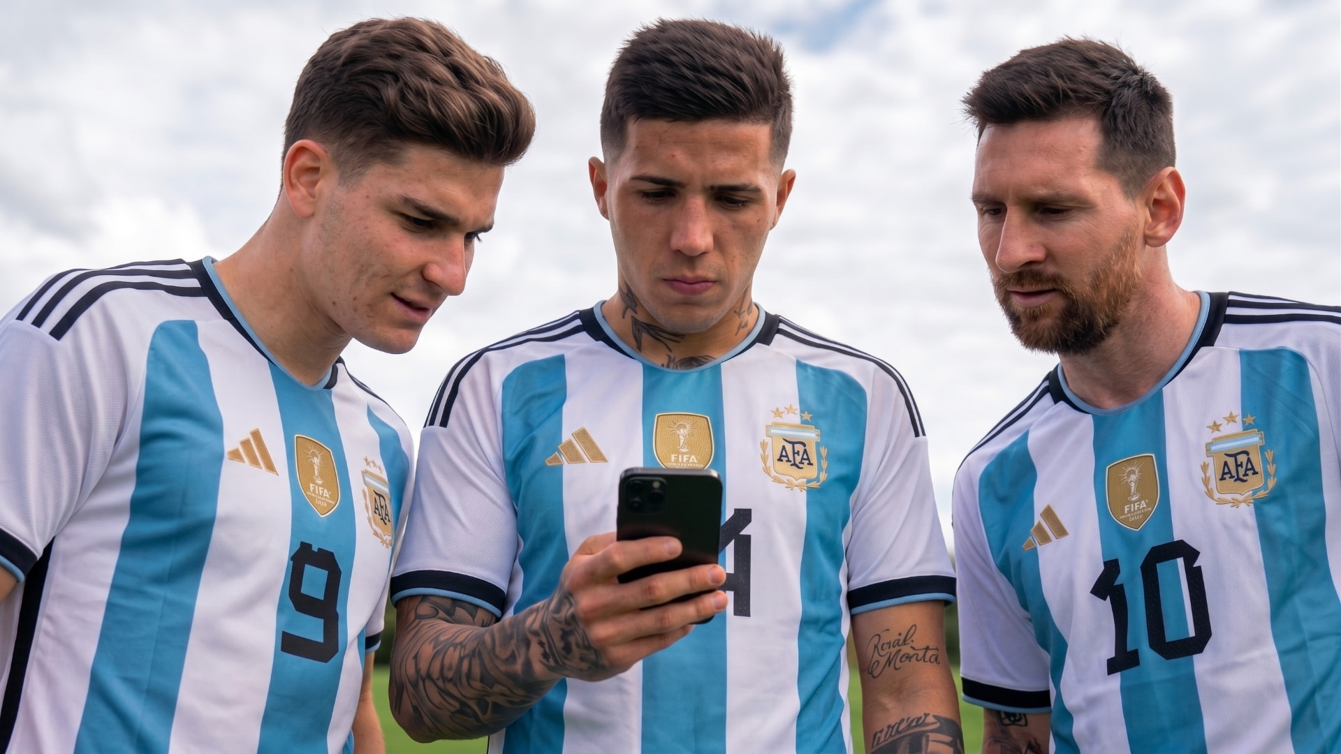 Argentina players looking at a phone